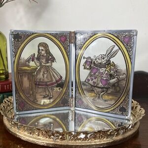 VTG 1960s Alice in Wonderland Two-Panel Glass Display Stand White Rabbit & Alice